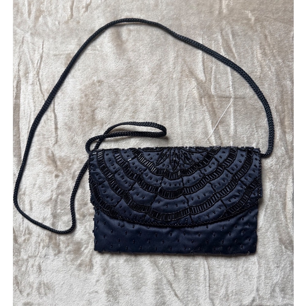 La Regale Ltd Vintage Black Beaded Satin Evening Bag Crossbody Retro Whimsigoth